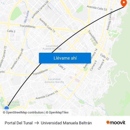 Portal Del Tunal to Universidad Manuela Beltrán map