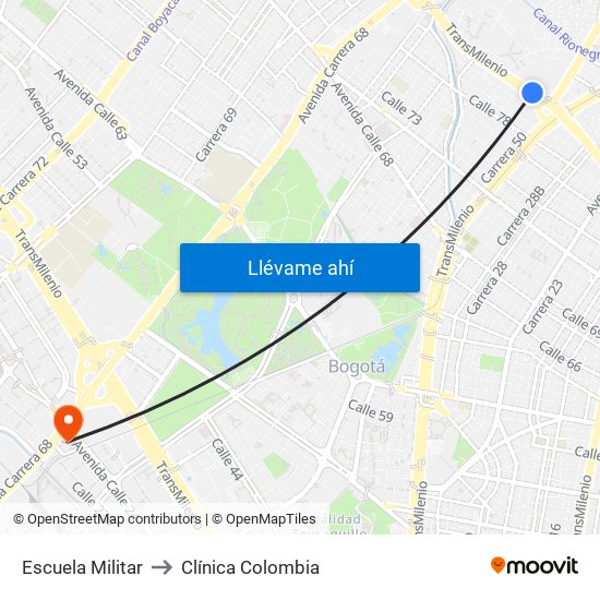Escuela Militar to Clínica Colombia map