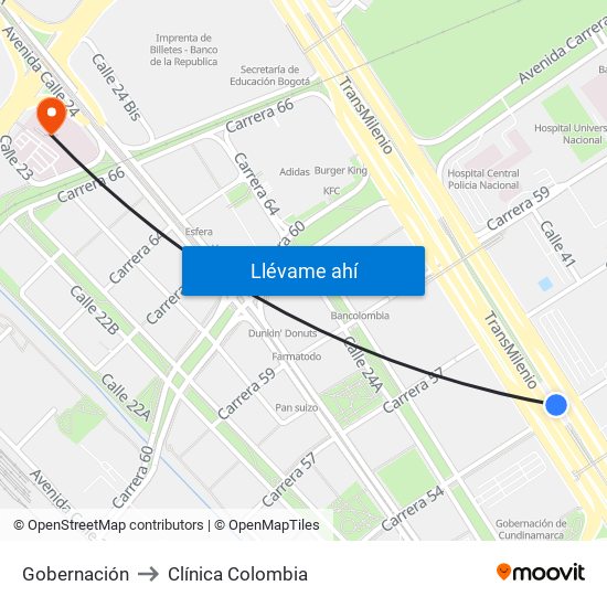 Gobernación to Clínica Colombia map