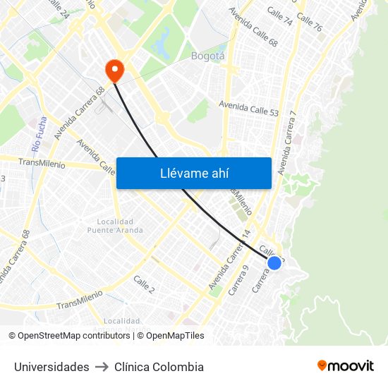 Universidades to Clínica Colombia map