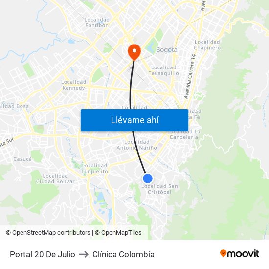 Portal 20 De Julio to Clínica Colombia map