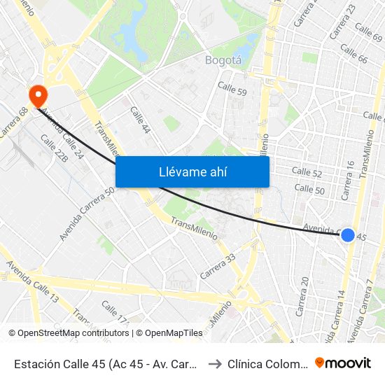 Estación Calle 45 (Ac 45 - Av. Caracas) to Clínica Colombia map
