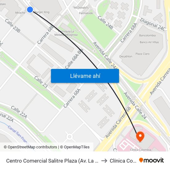 Centro Comercial Salitre Plaza (Av. La Esperanza - Kr 68b) to Clínica Colombia map