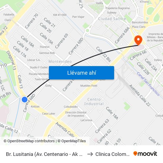 Br. Lusitania (Av. Centenario - Ak 68d) to Clínica Colombia map