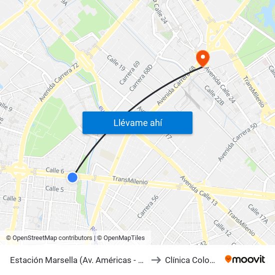 Estación Marsella (Av. Américas - Kr 69b) to Clínica Colombia map