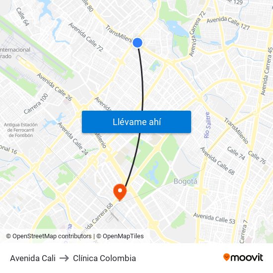 Avenida Cali to Clínica Colombia map
