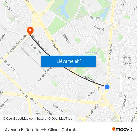 Avenida El Dorado to Clínica Colombia map