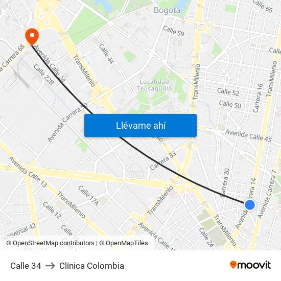 Calle 34 to Clínica Colombia map