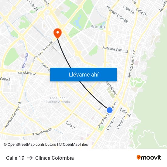 Calle 19 to Clínica Colombia map