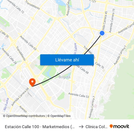 Estación Calle 100 - Marketmedios (Auto Norte - Cl 98) to Clínica Colombia map