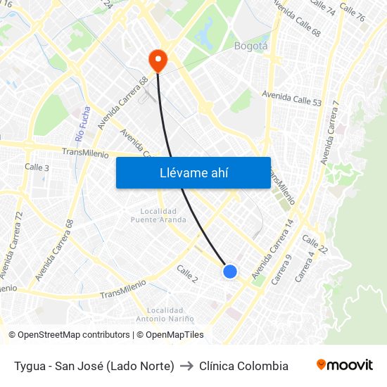 Tygua - San José (Lado Norte) to Clínica Colombia map