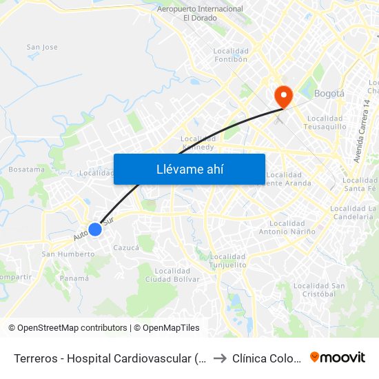 Terreros - Hospital Cardiovascular (Lado Sur) to Clínica Colombia map