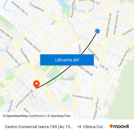 Centro Comercial Iserra 100 (Ac 100 - Kr 54) (B) to Clínica Colombia map