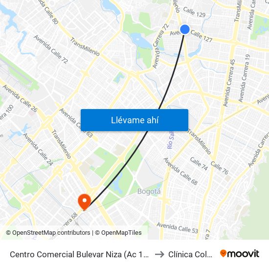 Centro Comercial Bulevar Niza (Ac 127 - Av. Suba) to Clínica Colombia map