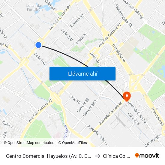 Centro Comercial Hayuelos (Av. C. De Cali - Cl 20) to Clínica Colombia map