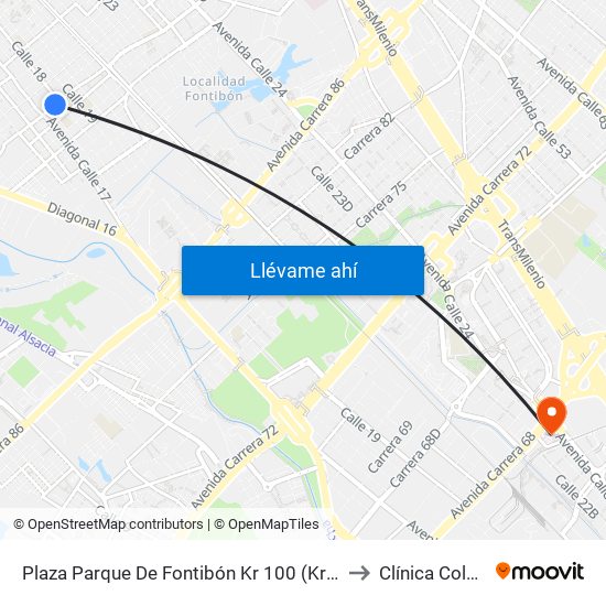 Plaza Parque De Fontibón Kr 100 (Kr 100 - Cl 17a) to Clínica Colombia map