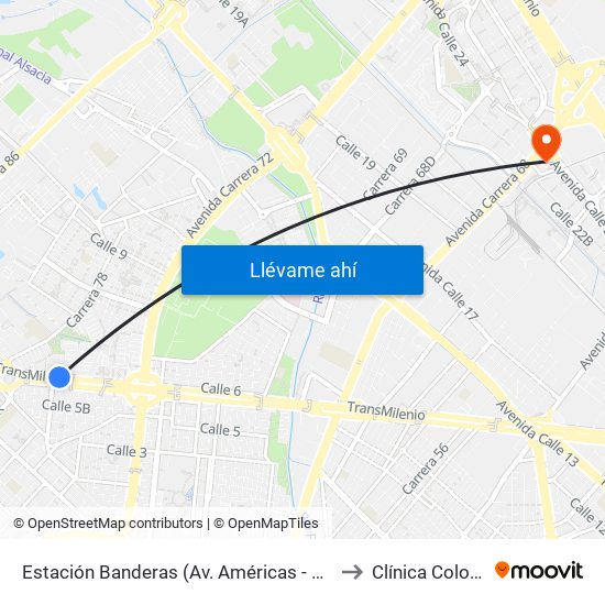 Estación Banderas (Av. Américas - Kr 78a) (A) to Clínica Colombia map