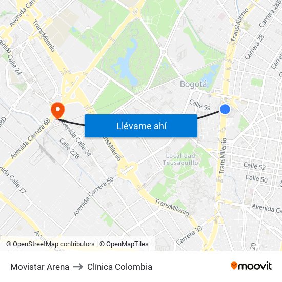 Movistar Arena to Clínica Colombia map