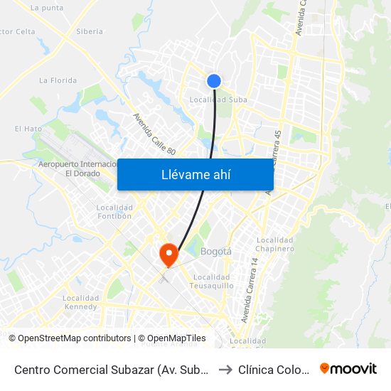 Centro Comercial Subazar (Av. Suba - Kr 91) to Clínica Colombia map