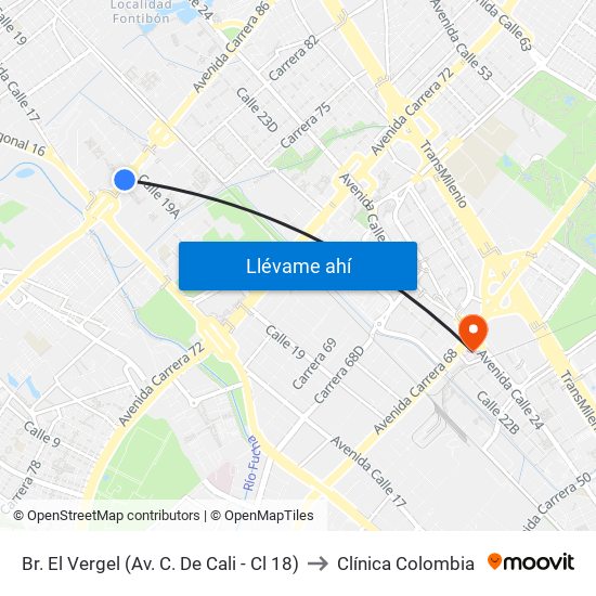 Br. El Vergel (Av. C. De Cali - Cl 18) to Clínica Colombia map