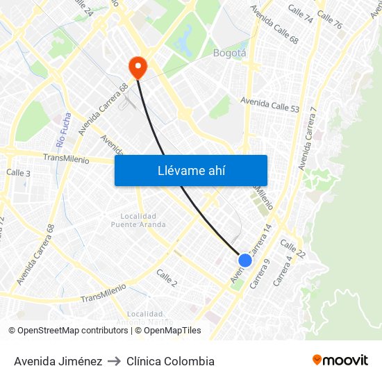 Avenida Jiménez to Clínica Colombia map