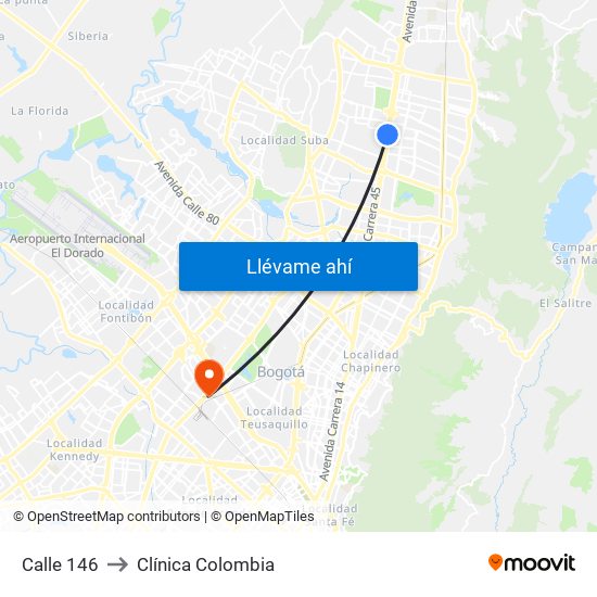 Calle 146 to Clínica Colombia map