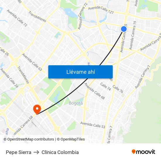 Pepe Sierra to Clínica Colombia map