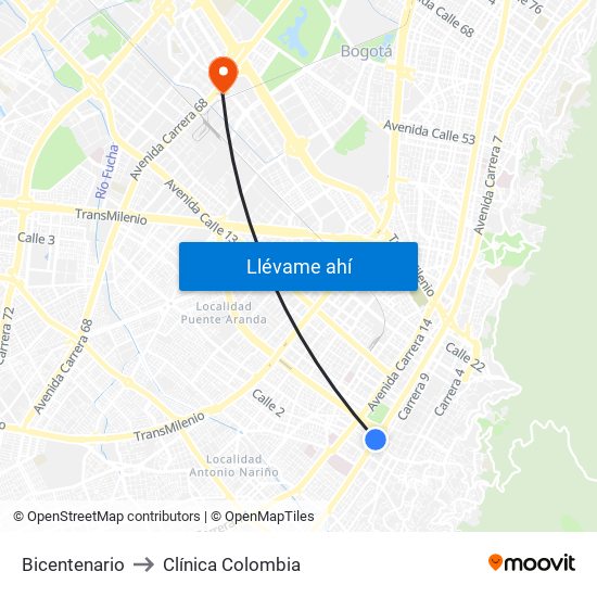 Bicentenario to Clínica Colombia map