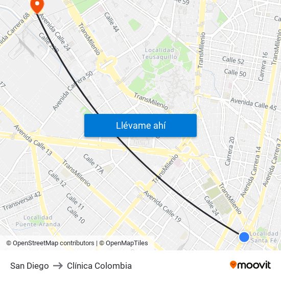San Diego to Clínica Colombia map