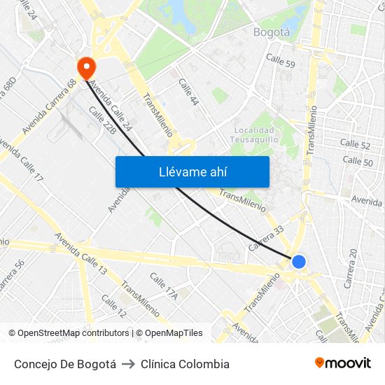 Concejo De Bogotá to Clínica Colombia map