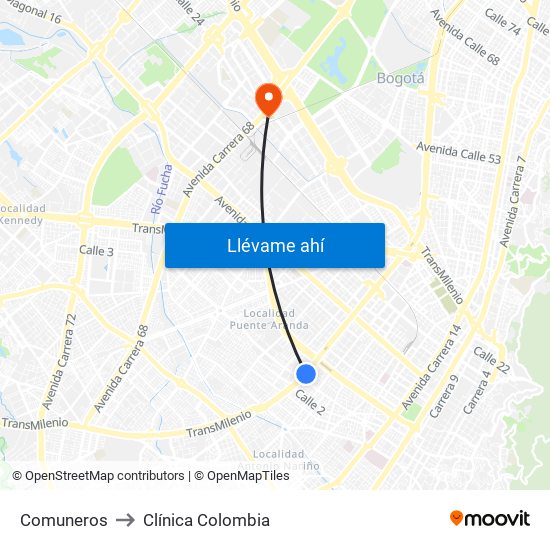 Comuneros to Clínica Colombia map