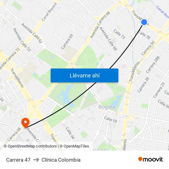 Carrera 47 to Clínica Colombia map