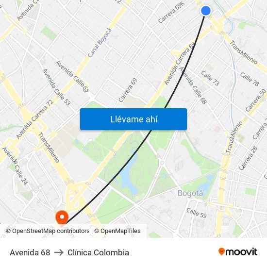 Avenida 68 to Clínica Colombia map