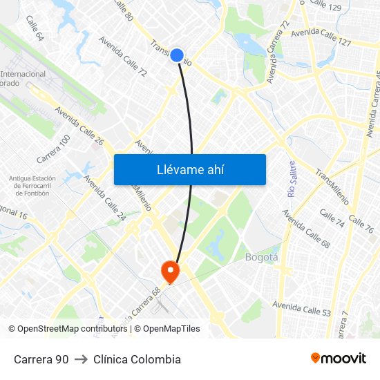 Carrera 90 to Clínica Colombia map
