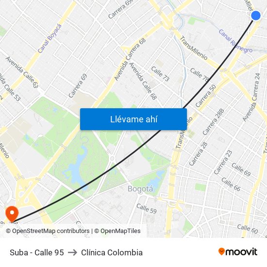 Suba - Calle 95 to Clínica Colombia map