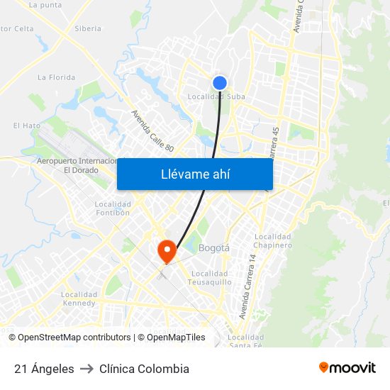 21 Ángeles to Clínica Colombia map