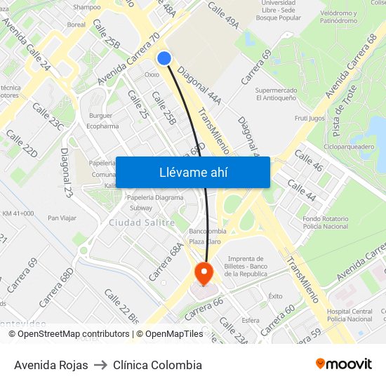 Avenida Rojas to Clínica Colombia map