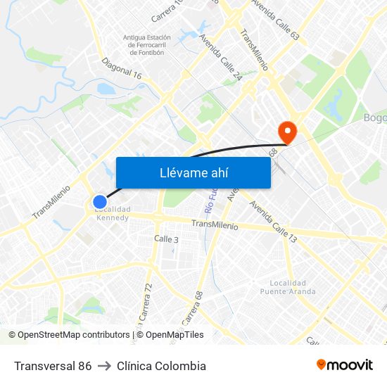 Transversal 86 to Clínica Colombia map