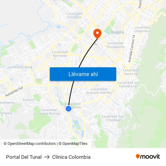 Portal Del Tunal to Clínica Colombia map