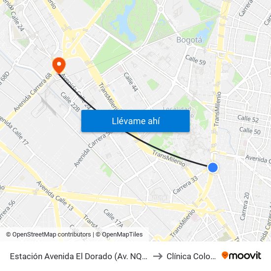 Estación Avenida El Dorado (Av. NQS - Cl 40a) to Clínica Colombia map