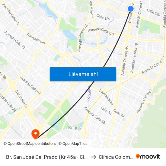 Br. San José Del Prado (Kr 45a - Cl 137) to Clínica Colombia map