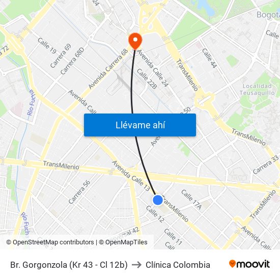 Br. Gorgonzola (Kr 43 - Cl 12b) to Clínica Colombia map