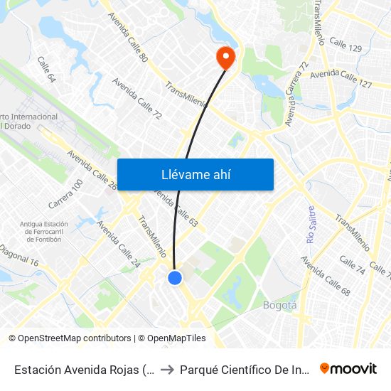 Estación Avenida Rojas (Ac 26 - Kr 69d Bis) (B) to Parqué Científico De Innovación Social (Pcis) map