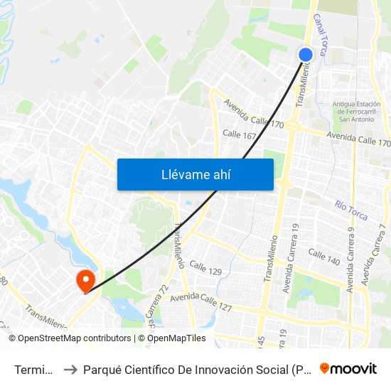 Terminal to Parqué Científico De Innovación Social (Pcis) map