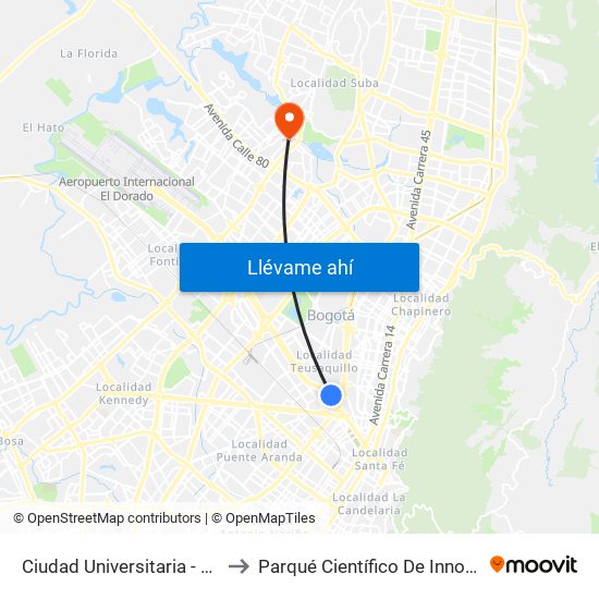 Ciudad Universitaria - Lotería De Bogotá to Parqué Científico De Innovación Social (Pcis) map