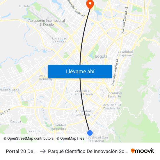 Portal 20 De Julio to Parqué Científico De Innovación Social (Pcis) map