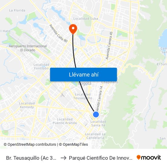 Br. Teusaquillo (Ac 32 - Av. Caracas) to Parqué Científico De Innovación Social (Pcis) map