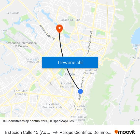Estación Calle 45 (Ac 45 - Av. Caracas) to Parqué Científico De Innovación Social (Pcis) map