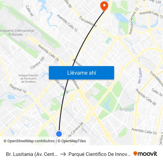 Br. Lusitania (Av. Centenario - Ak 68d) to Parqué Científico De Innovación Social (Pcis) map