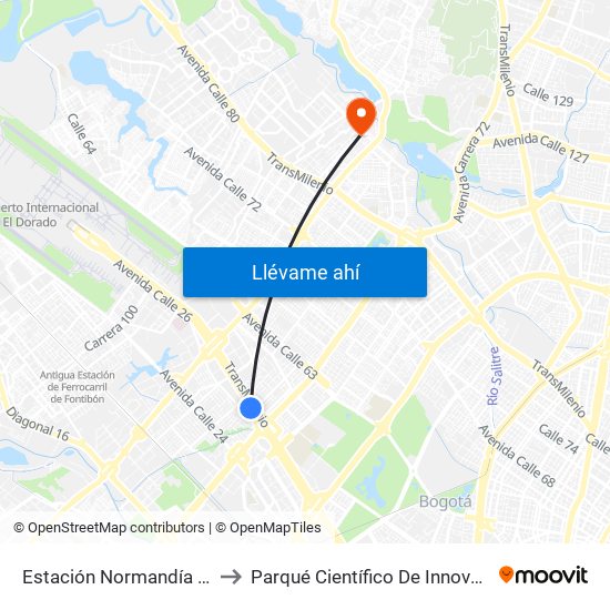 Estación Normandía (Ac 26 - Kr 74) to Parqué Científico De Innovación Social (Pcis) map